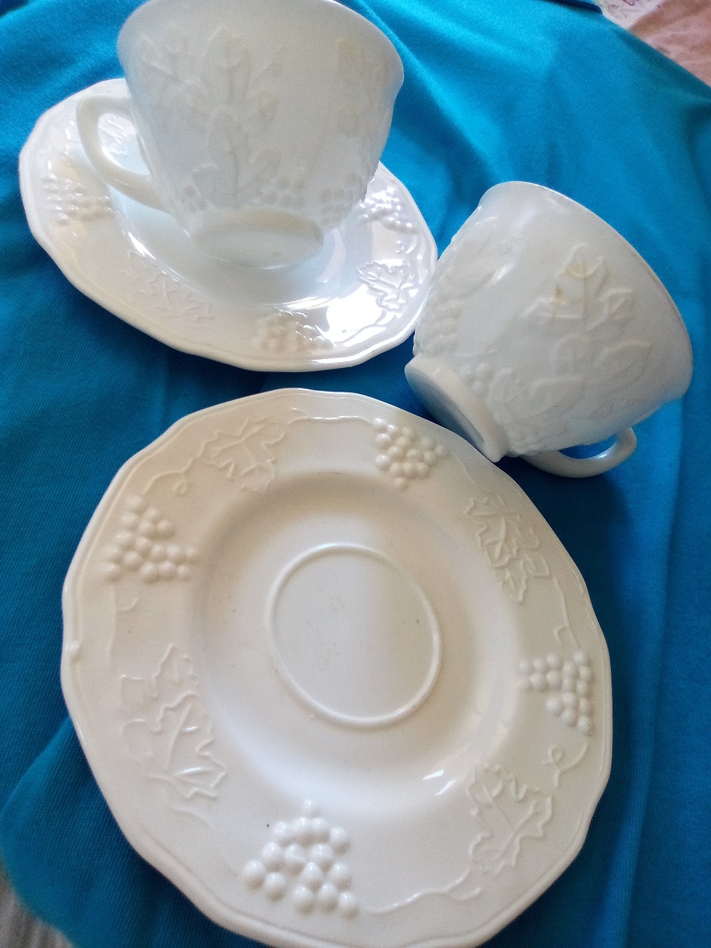 Indiana Milk Glass Grape Teacups Saucers Set